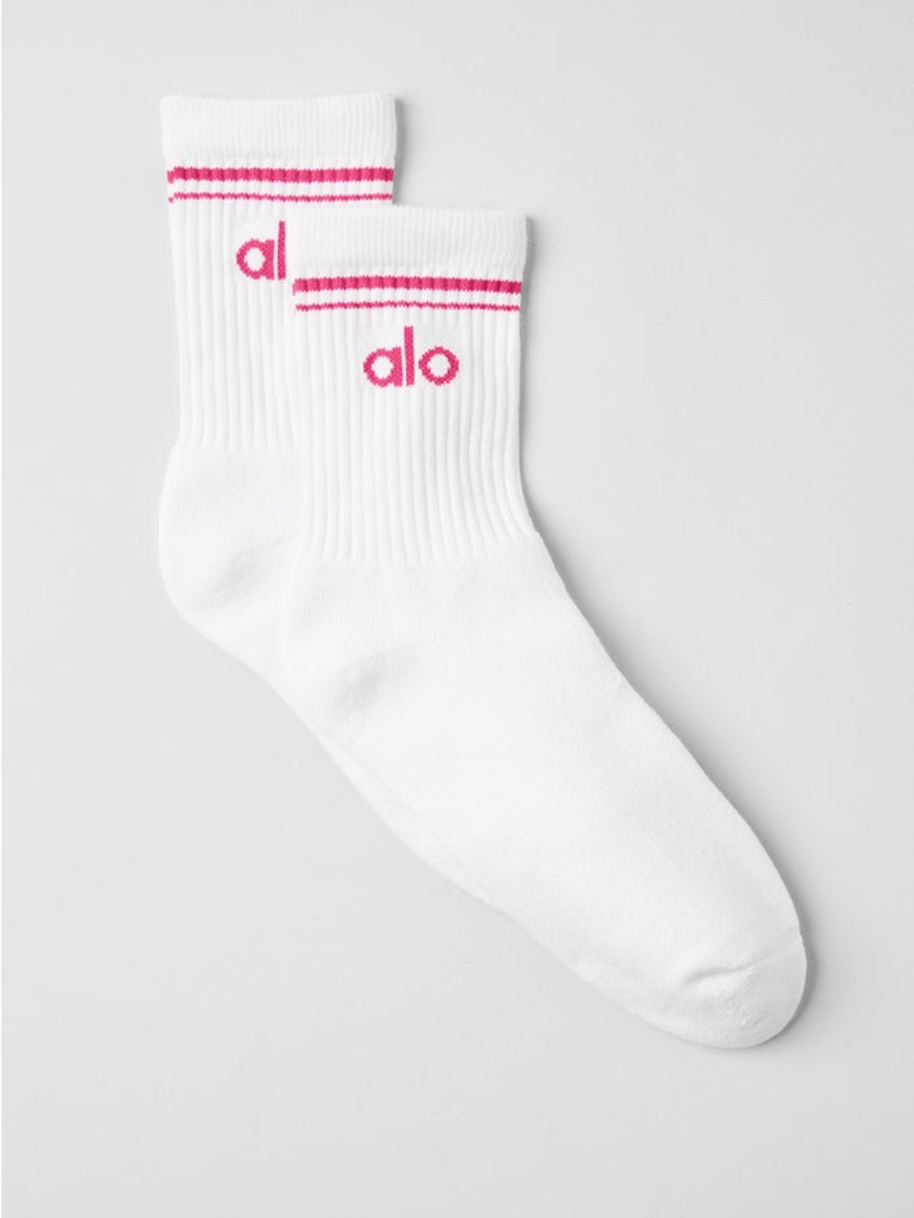 Alo Yoga White Crew Socks with Pink Logo and Stripes